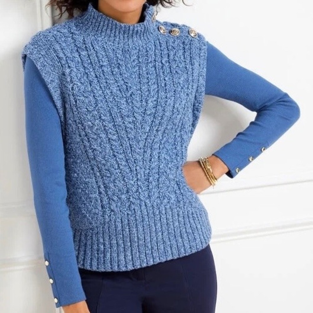 Talbots Cable Knit Mock Neck Sweater Vest‎ Marl Blue Size Small NWT